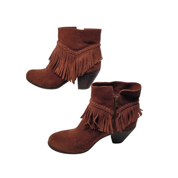 Gianni Bini Rust Brown Suede Fringe Western Ankle Booties 9 Leather Heeled Boot - Picture 6 of 13